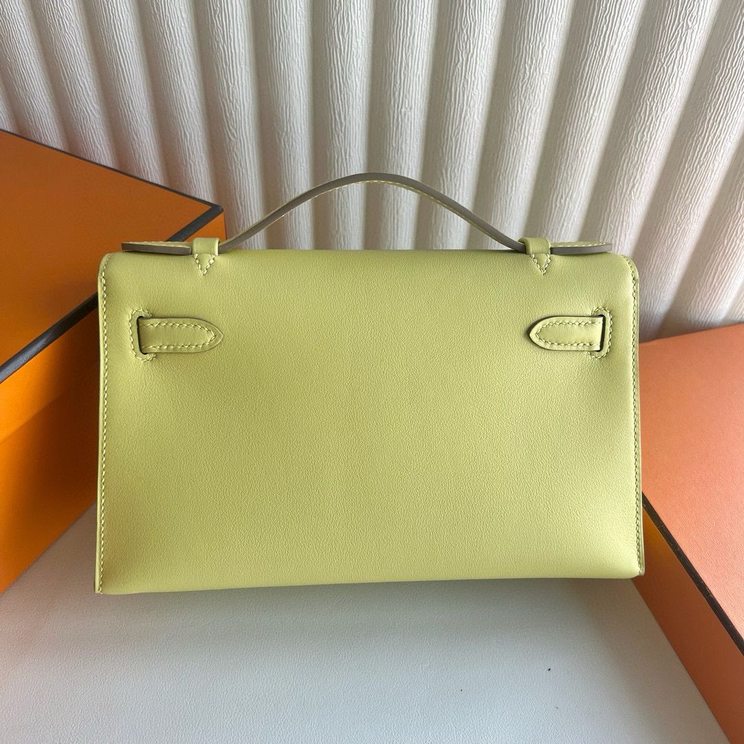 Hermes Kelly Pochette Handmade Bag in Jaune Poussin Swift Calfskin - Image 8