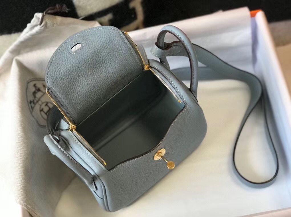 Hermes Lindy Mini Bag In Blue Lin Clemence Leather GHW - Image 9