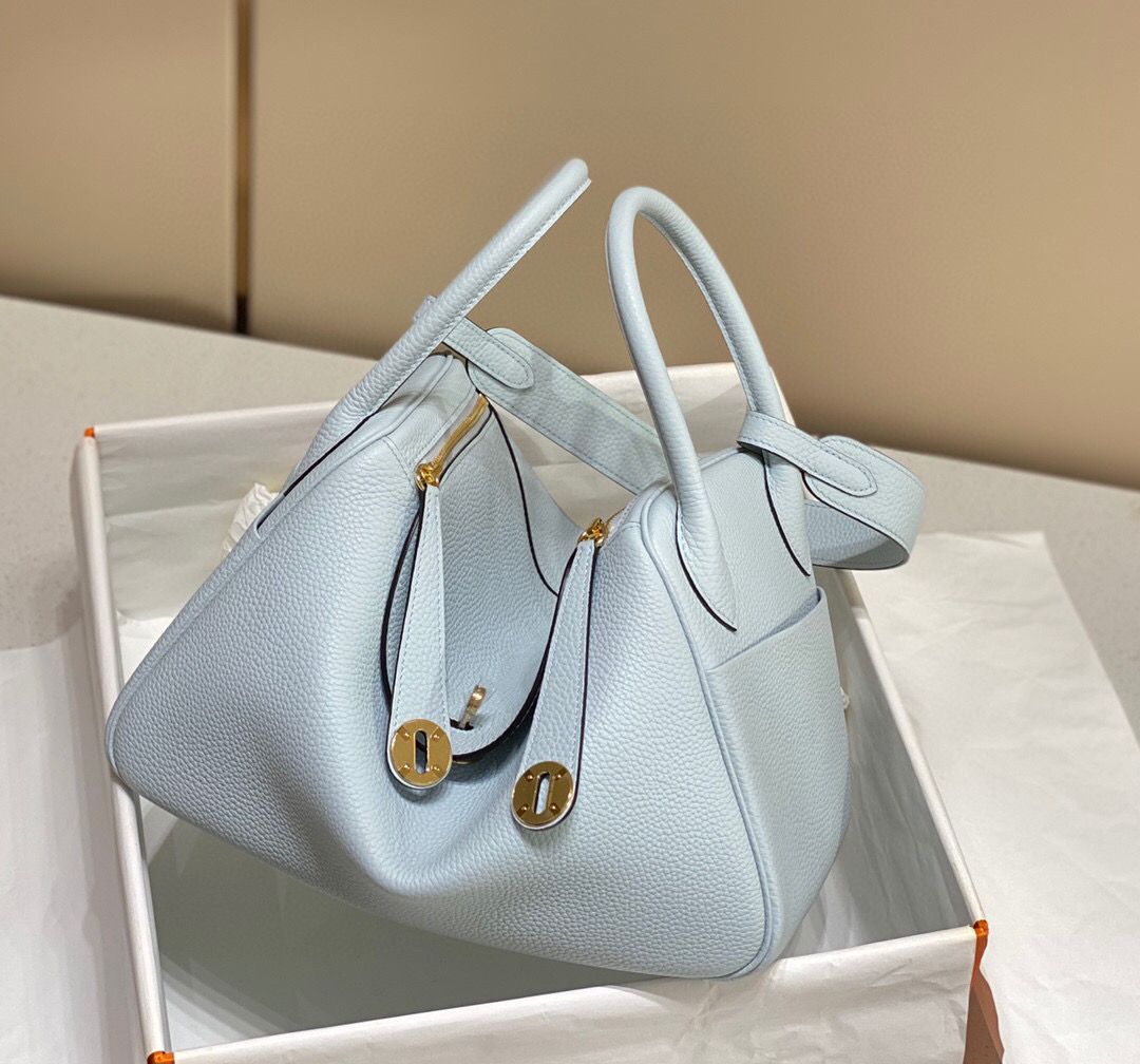 Hermes Lindy 26cm Bag In Blue Brume Clemence Leather GHW - Image 3