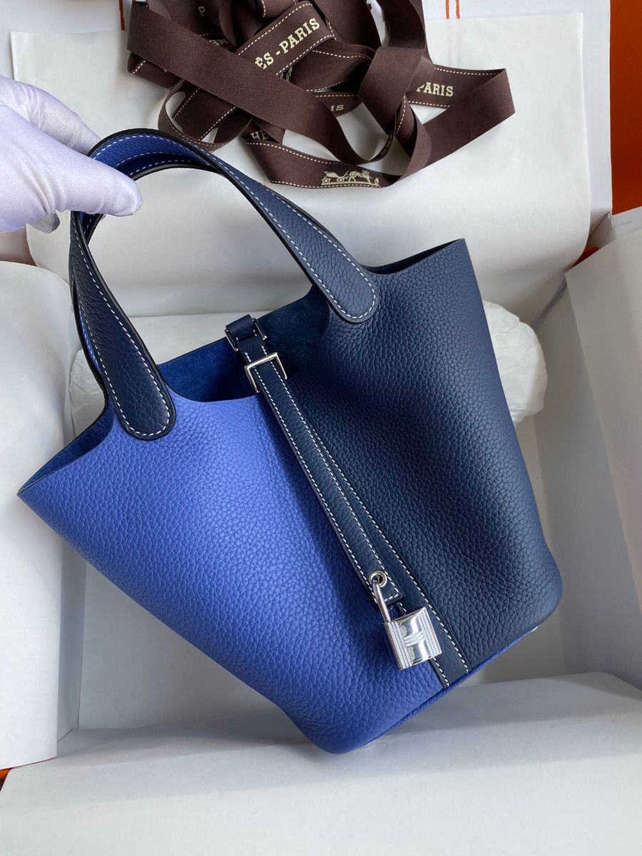 Hermes Picotin Lock 18 Bicolor Handmade Bag in Blue and Blue Saphir Clemence Leather - Image 3