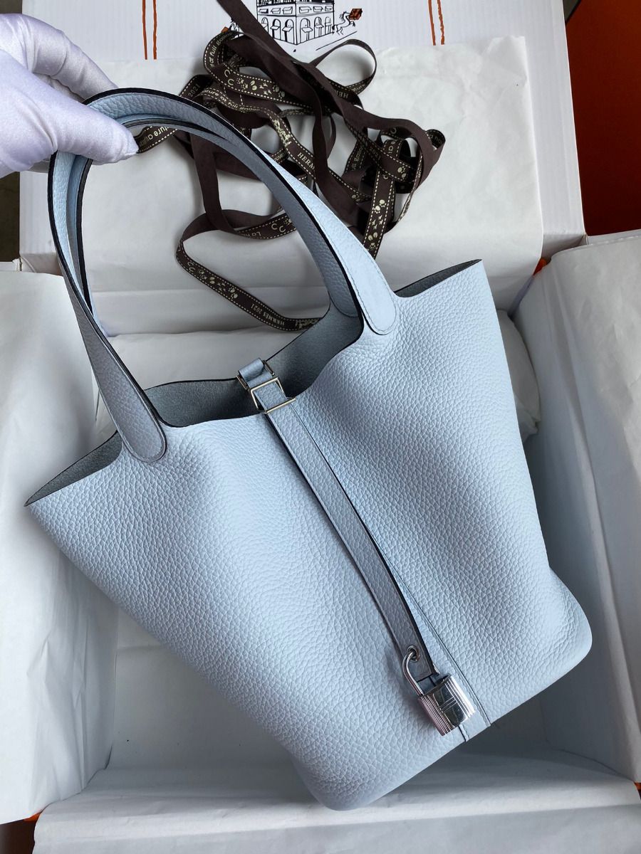 Hermes Picotin Lock 22 Handmade Bag in Blue Brume Clemence Leather - Image 3