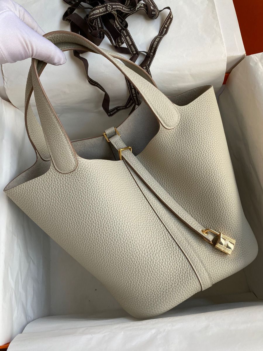 Hermes Picotin Lock 22 Handmade Bag in Pearl Grey Clemence Leather - Image 3