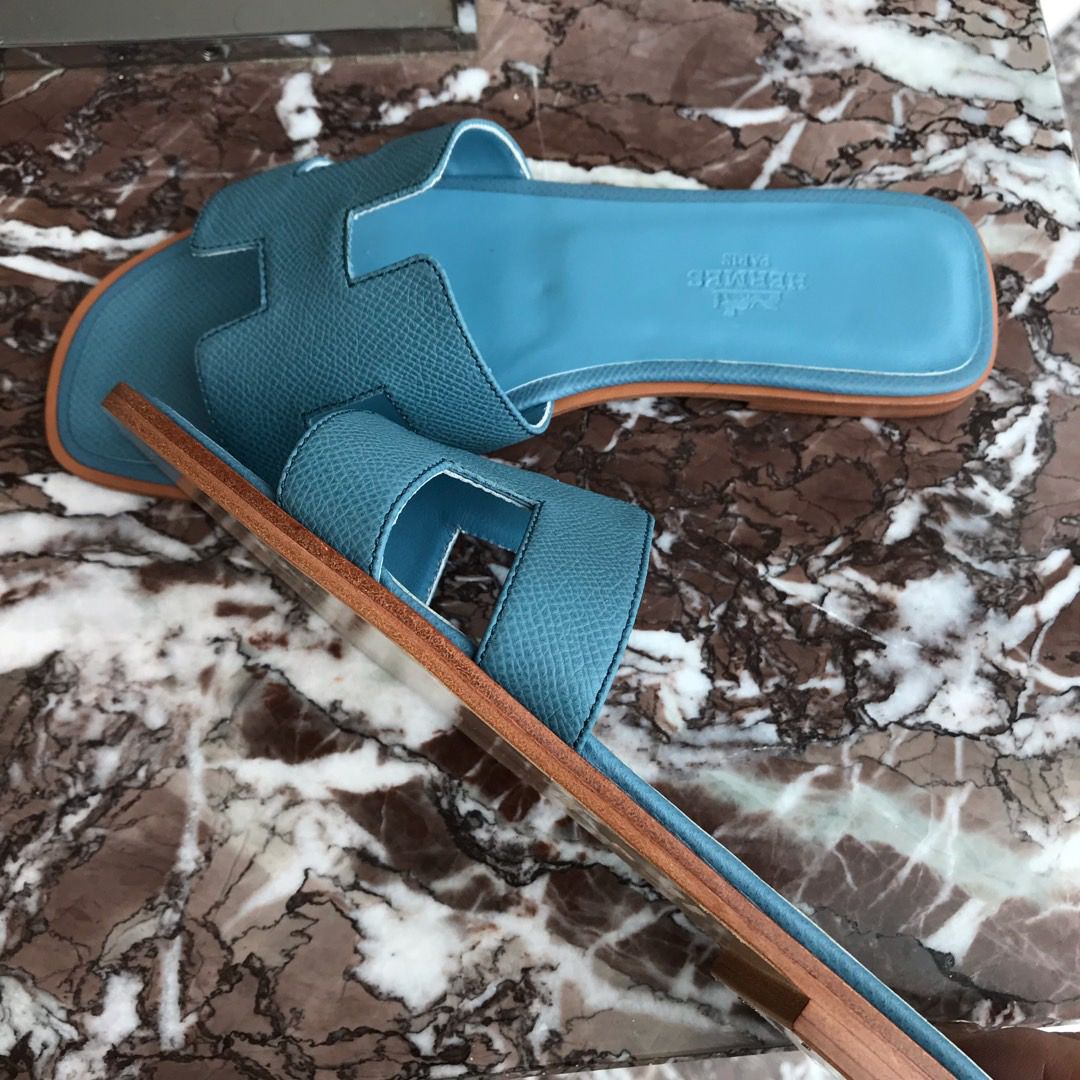 Hermes Oran Slide Sandals In Blue du Nord Epsom Calfskin - Image 3