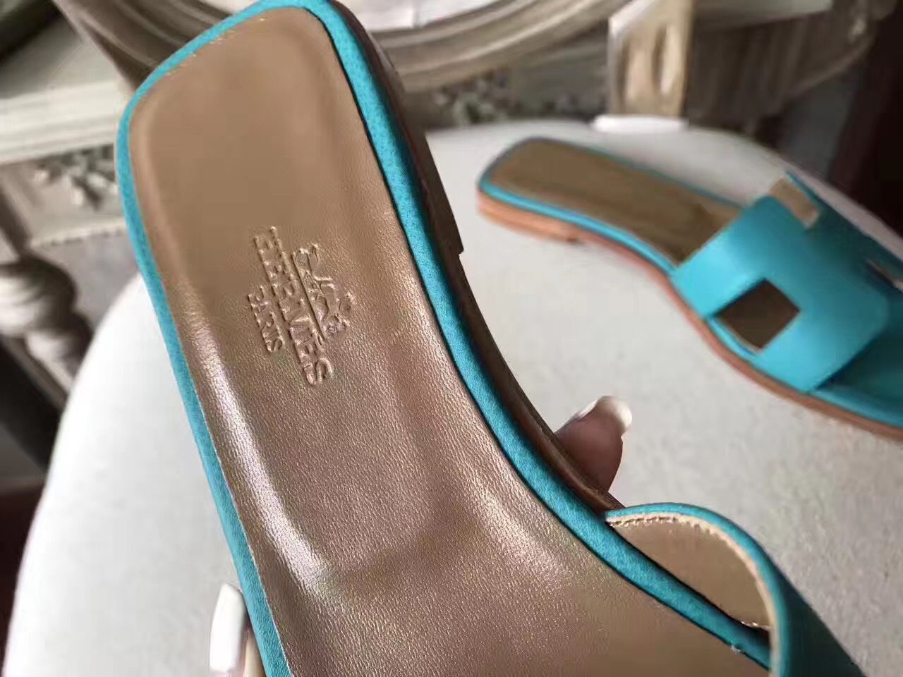 Hermes Oran Sandals In Lagon Epsom Leather - Image 8