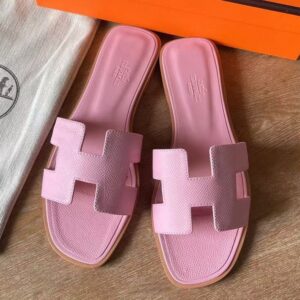 Hermes Oran Slide Sandals in Rose Sakura Epsom Calfskin