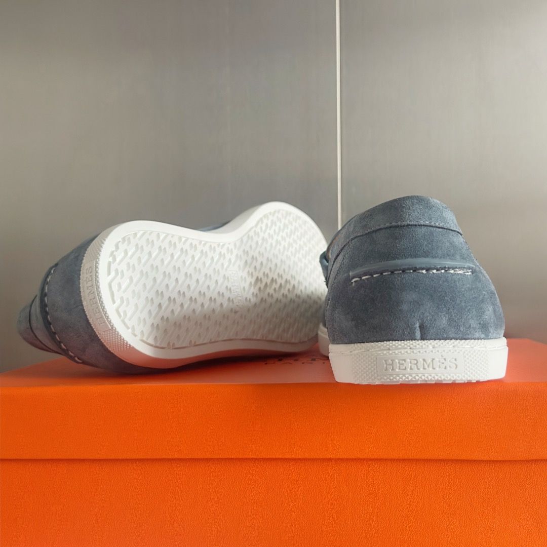 Hermes Men's Job Loafers in Blue Grignon Suede Calfskin - Image 10