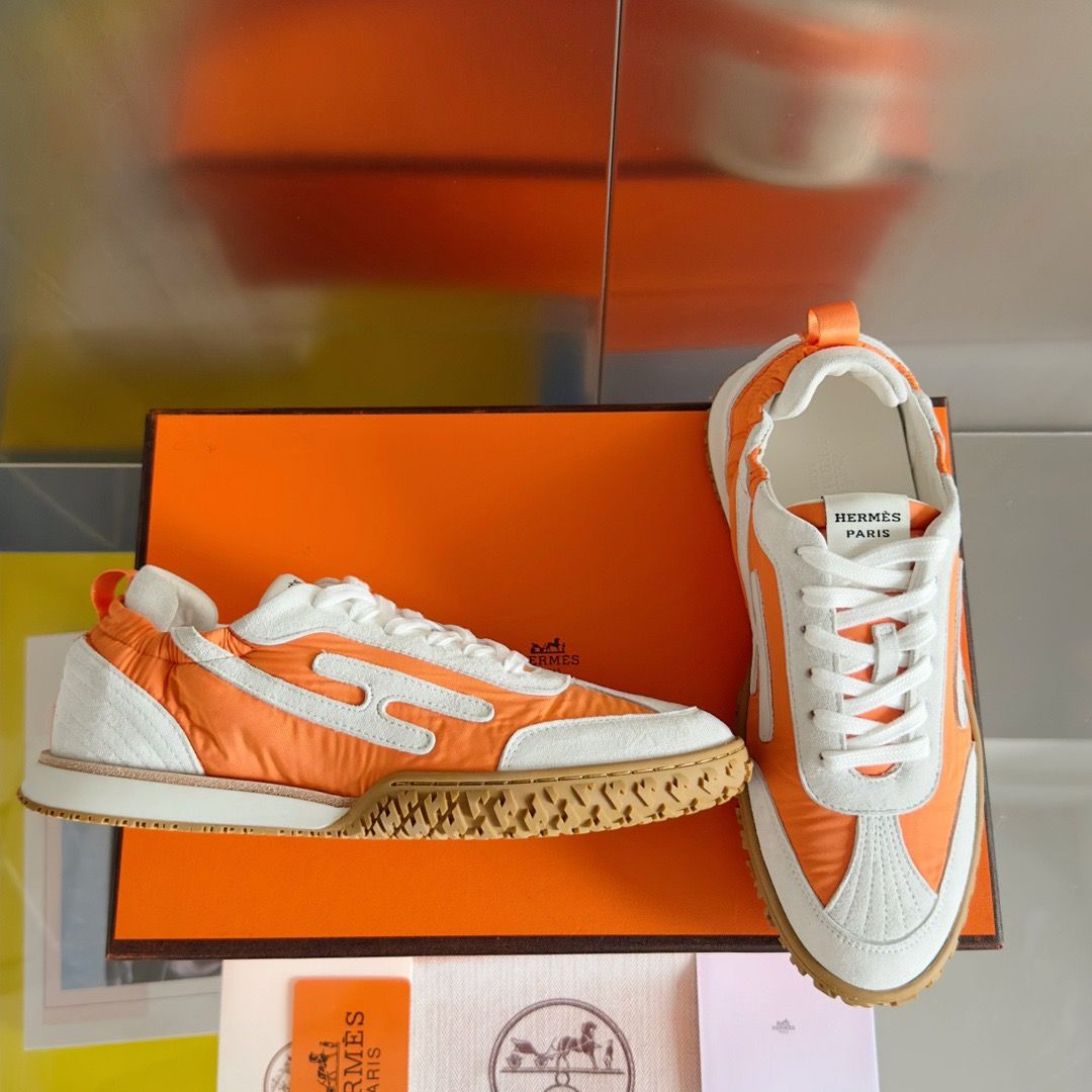 Hermes Men's Jet Sneakers in Orange Technical Canvas - Image 4