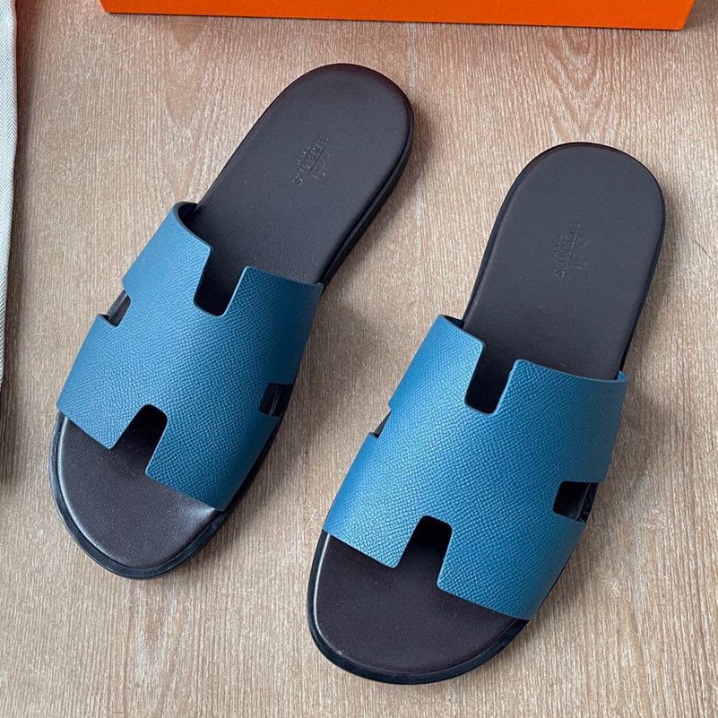 Hermes Izmir Sandals in Blue Epsom Calfskin with Black Insole