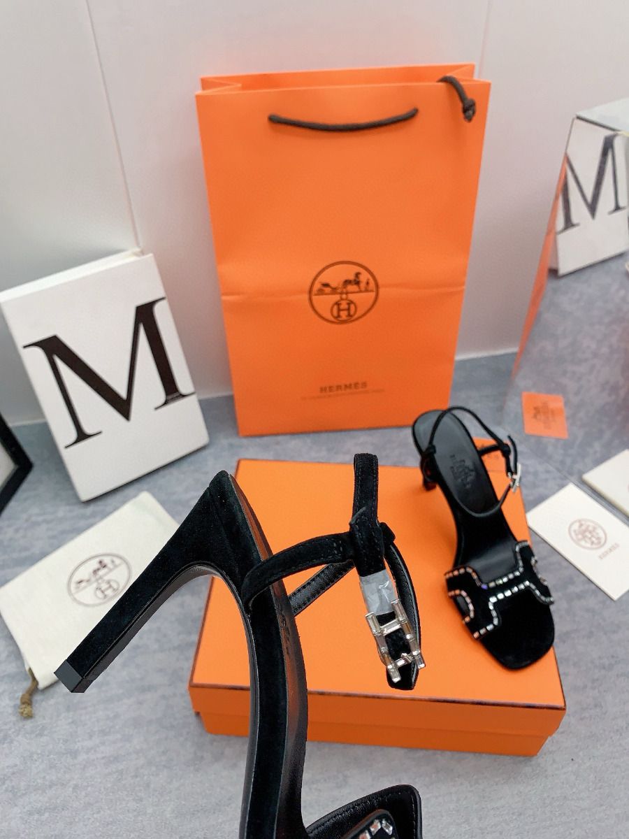 Hermes Heden 80 Sandals in Black Suede Leather with Rhinestone - Image 8