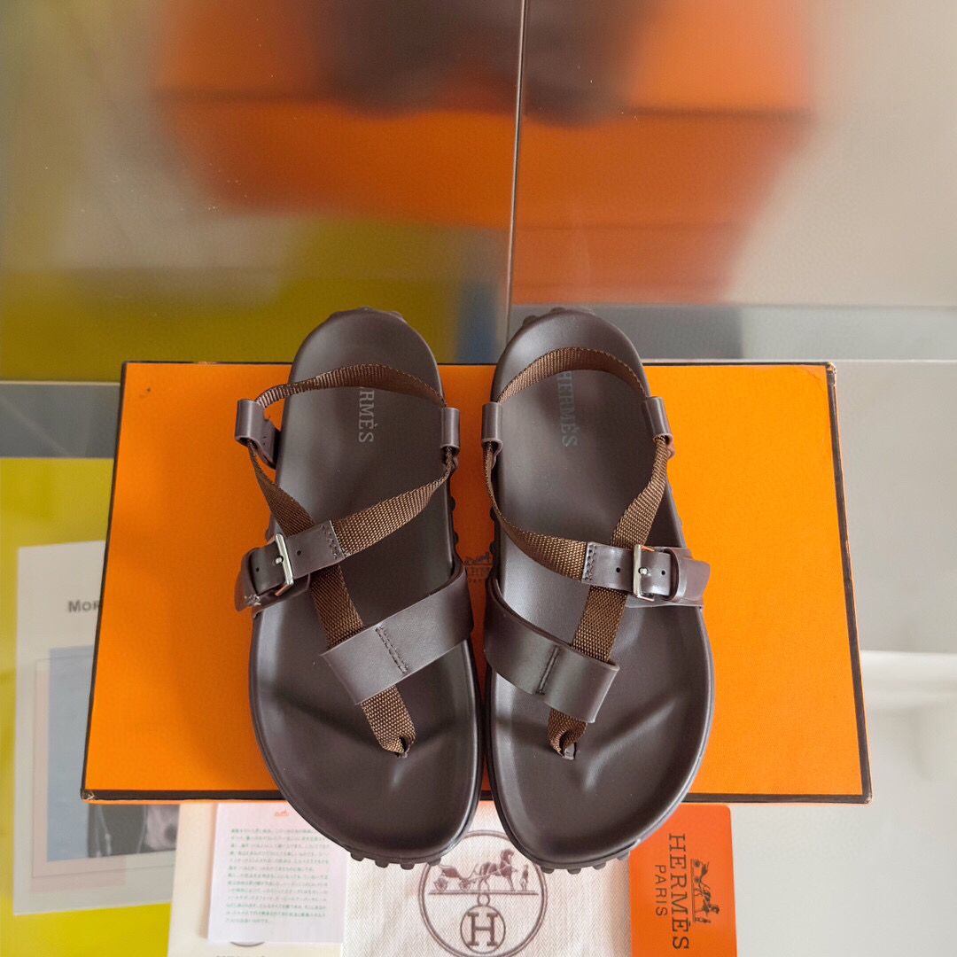 Hermes Inboard Sandals in Burgundy Leather and Ribbon - Image 9