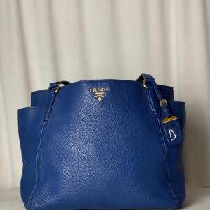 Prada Blue Vitello Daino Side Pocket Shoulder Bag